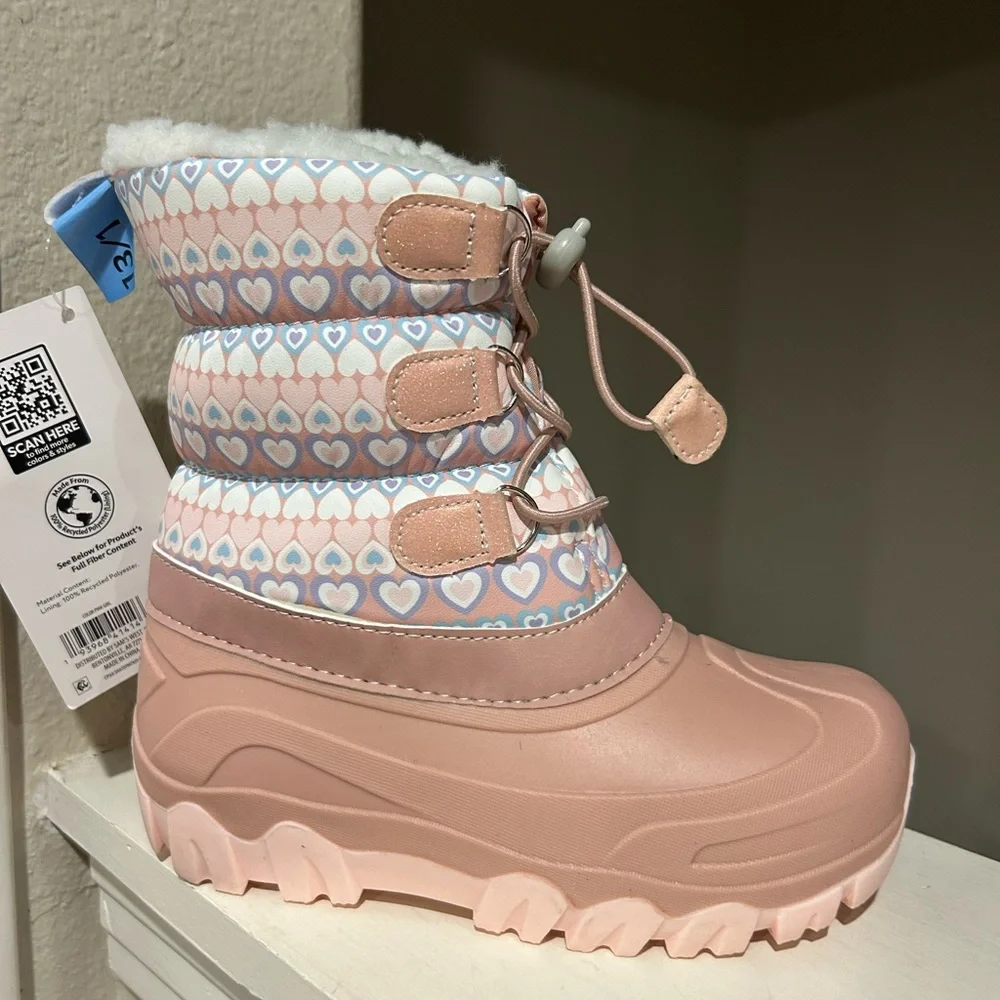 NWT Member's Mark Girl's Pull On Insulated Snow Boots Pink Hearts Kids Size 13/1 - Picture 2 of 10